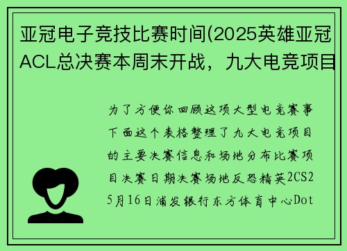 亚冠电子竞技比赛时间(2025英雄亚冠ACL总决赛本周末开战，九大电竞项目引爆上海)